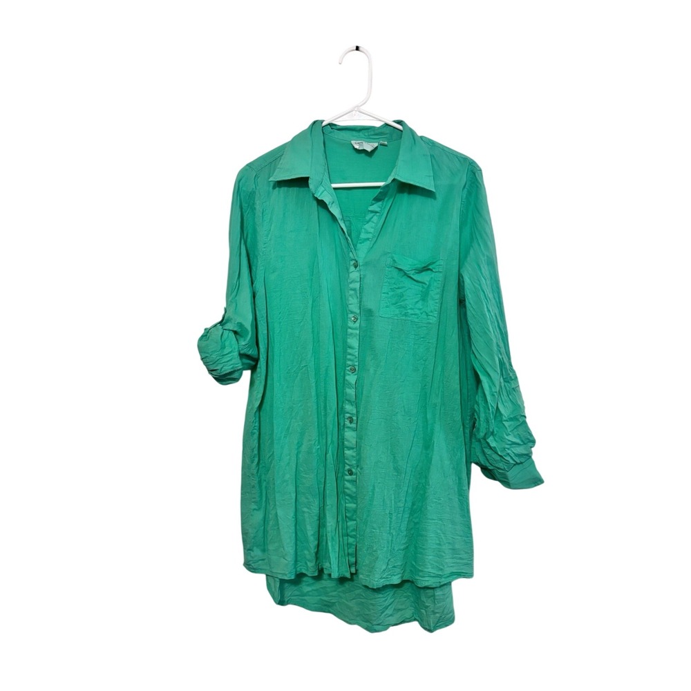 True Destinations Womens Shirt Size M Green Cotton Tunic High Low Casual